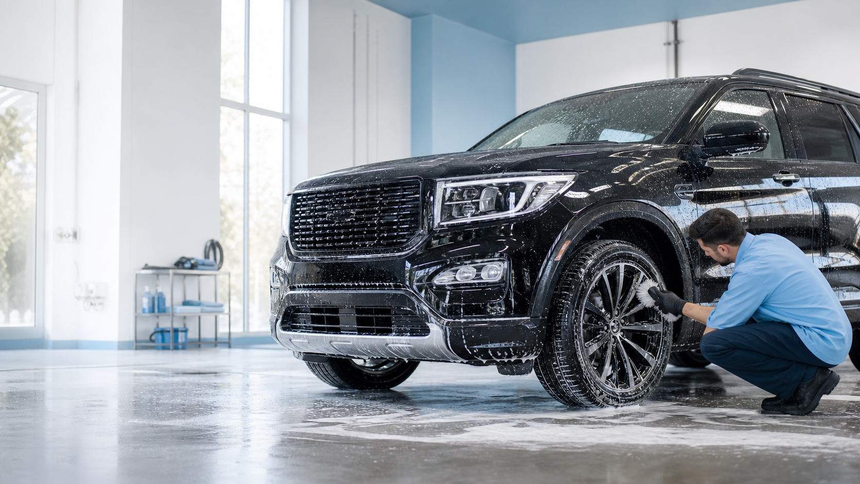 A WhipKlean detailer carefully cleaning the wheel of a black SUV